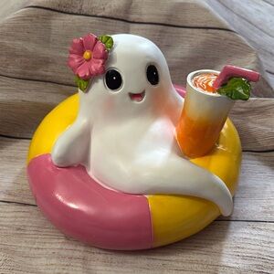 NEW Summerween Ghost in a Floatie Having a Drink Figurine